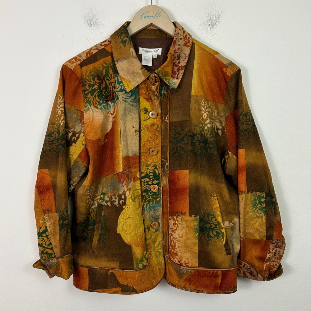 Coldwater Creek Women PXL Patchwork Tapestry Jacket Earth Tone Cotton Blend